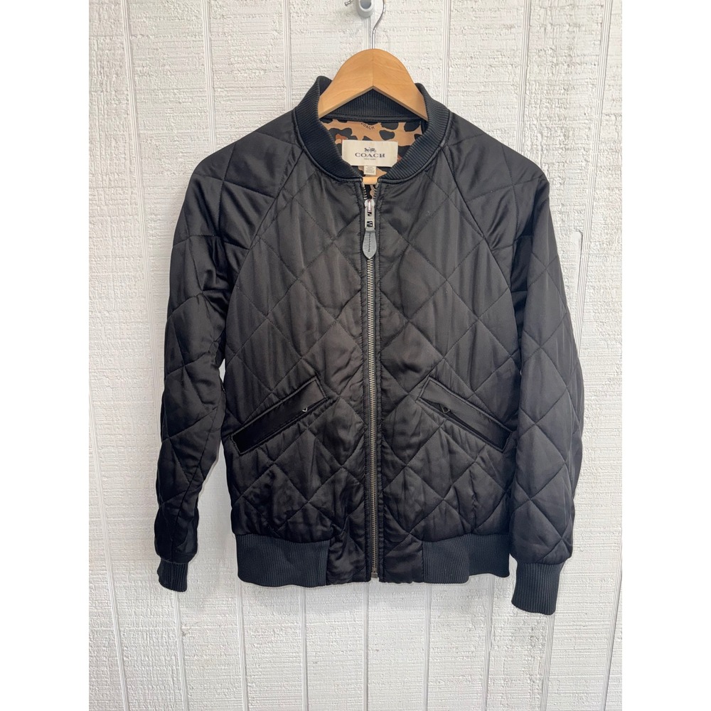 Coach Quilted Bomber Jacket Women Black Leopard Print Lining XS